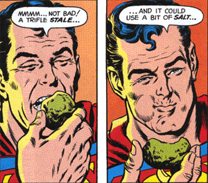 Superman eats a now inert piece of kryptonite.